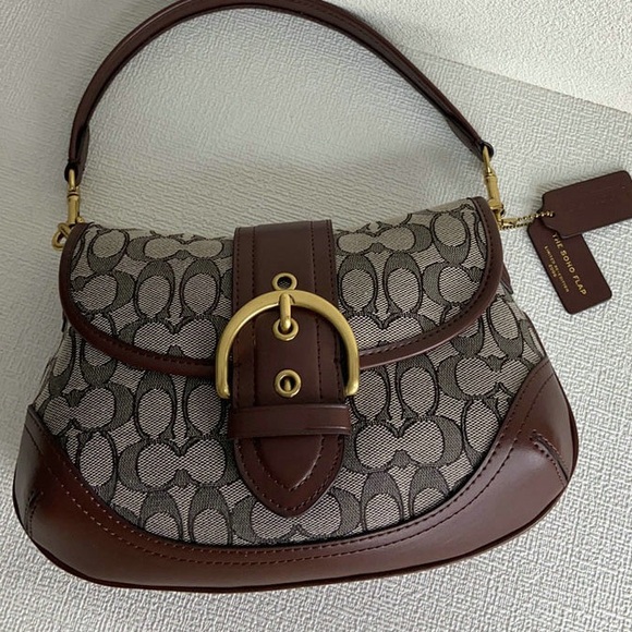 Coach Soho Signature Jacquard Top Handle Shoulder Bag CJ814 Brown - Picture 1 of 8